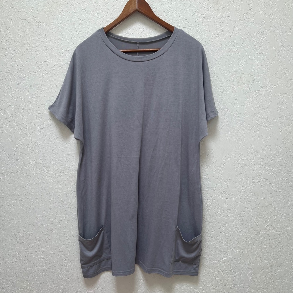 Womens Grey Short Sleeve Tunic Top Crew Neck Pockets Size 2XL Loungewear Basic